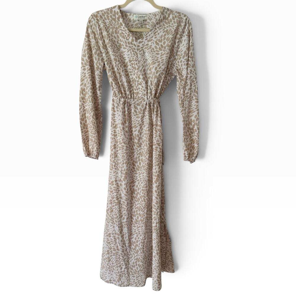Coolibar Beige Animal Print Long Sleeve Gathered Waist Maxi Dress Size XS UPF 50